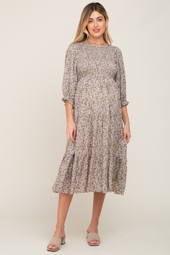 olive floral smocked 3/4 sleeve maternity midi dress