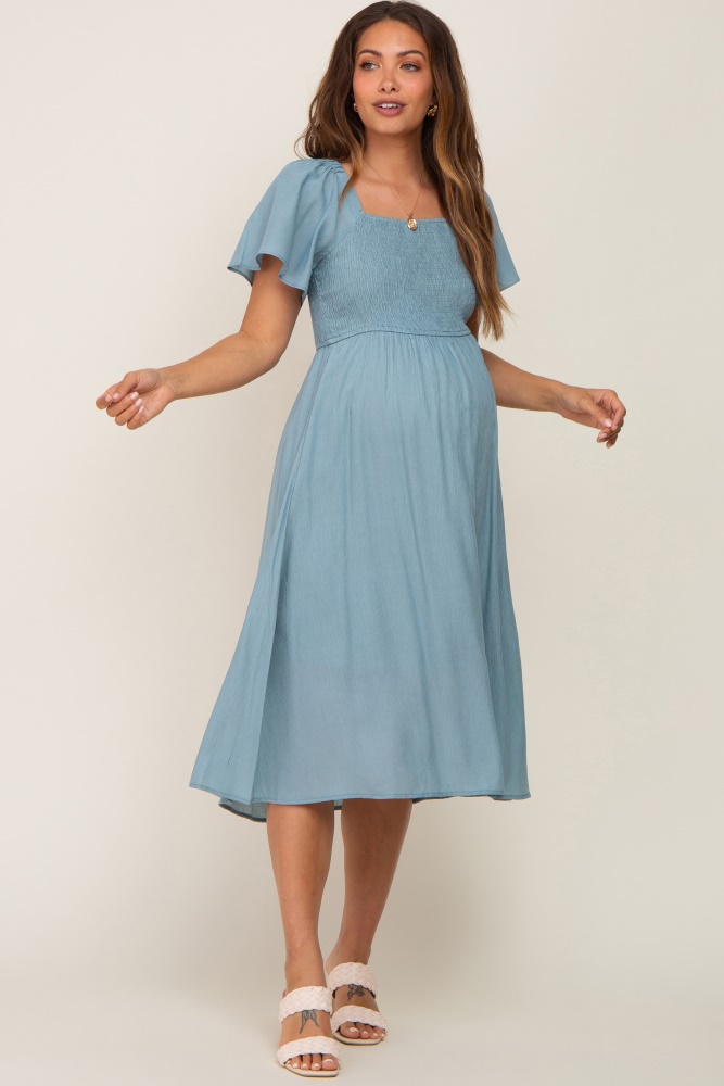 light blue smocked square neck flutter short sleeve maternity midi dress