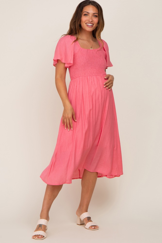 coral smocked square neck flutter short sleeve maternity midi dress