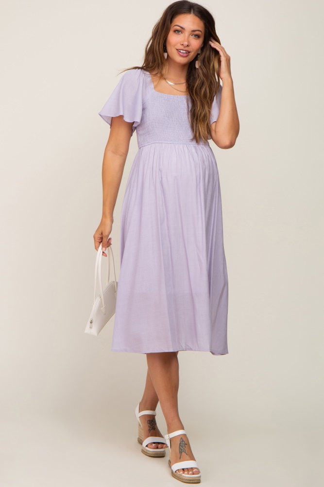 lavender smocked square neck flutter short sleeve maternity midi dress