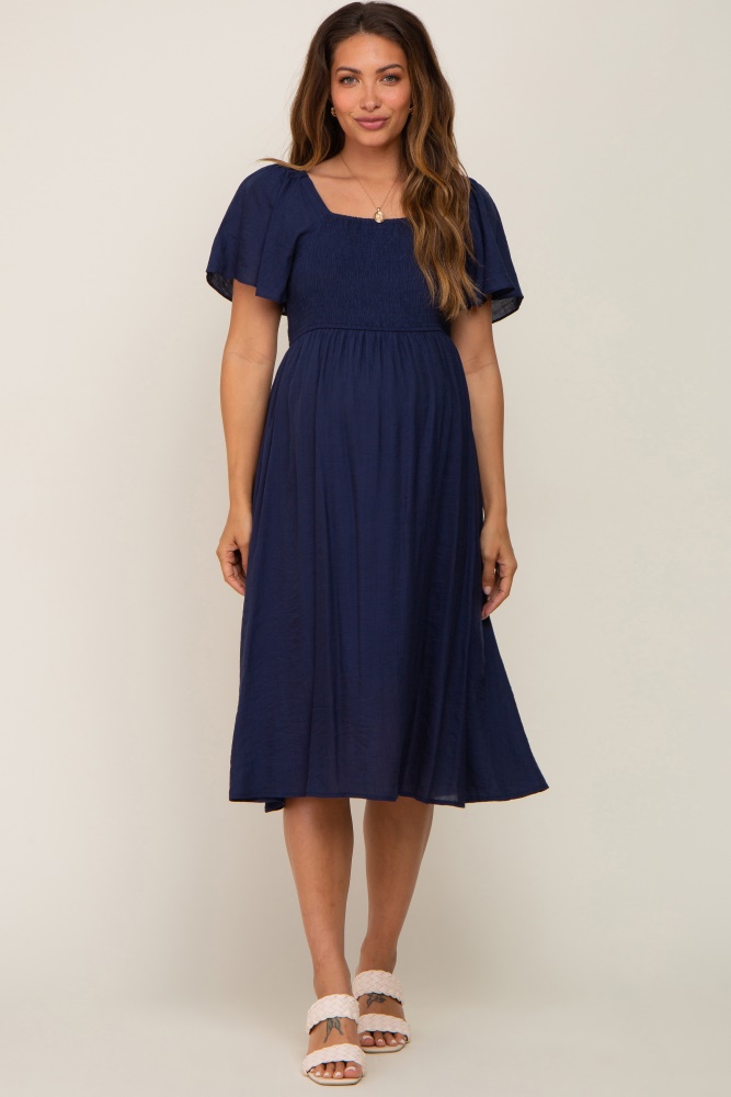 navy blue smocked square neck flutter short sleeve maternity midi dress