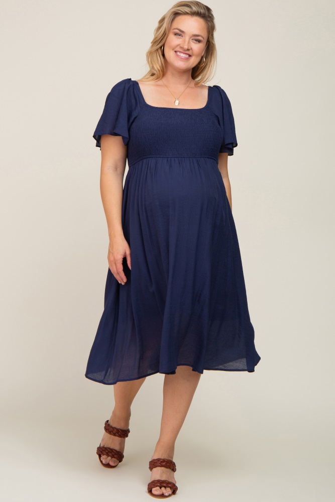 BUMP IT UP MATERNITY Plus Size Curve Navy Blue Tiered Broderie Dress