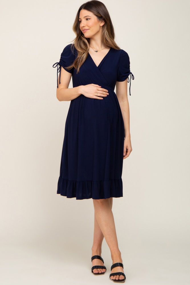 navy cinched sleeve maternity midi dress