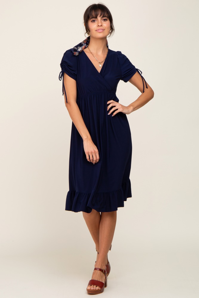 navy cinched sleeve midi dress