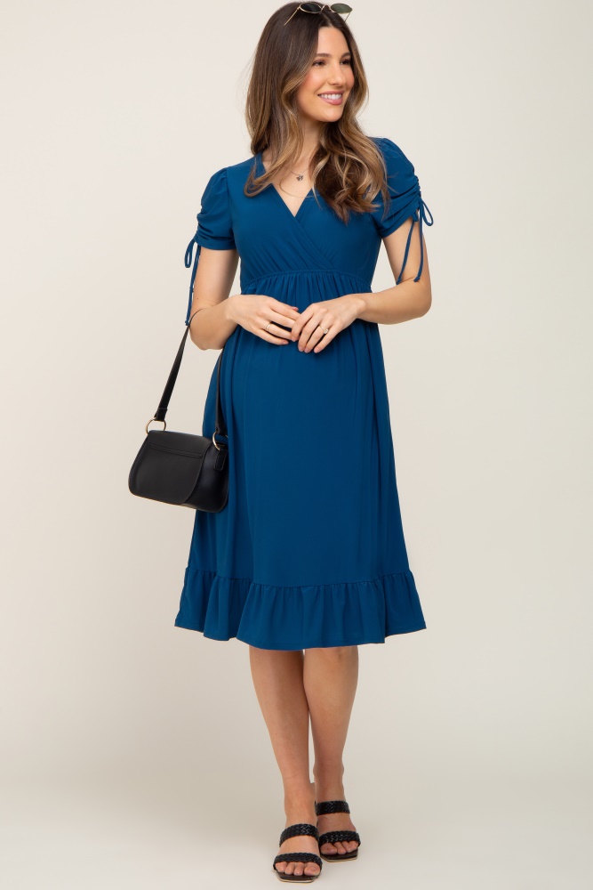 deep teal cinched sleeve maternity midi dress