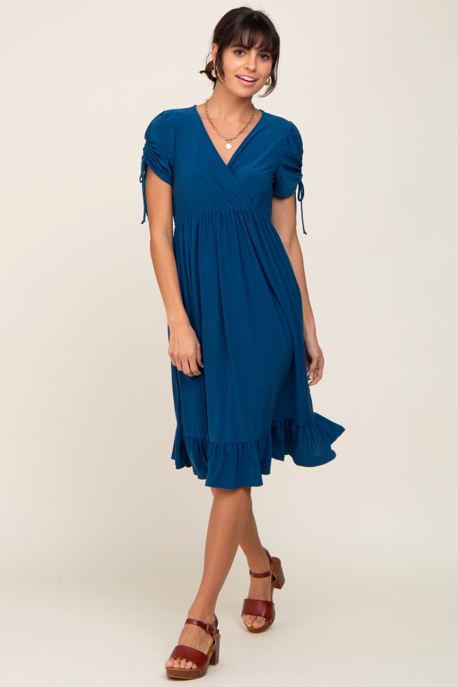 deep teal cinched sleeve midi dress