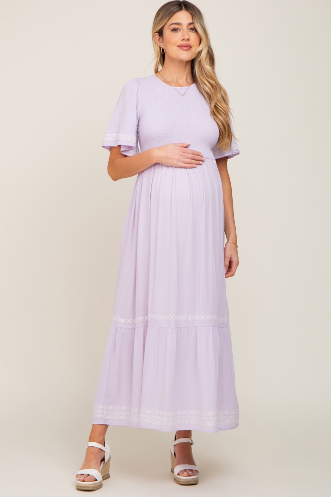 lavender embroidered accent maternity maxi dress