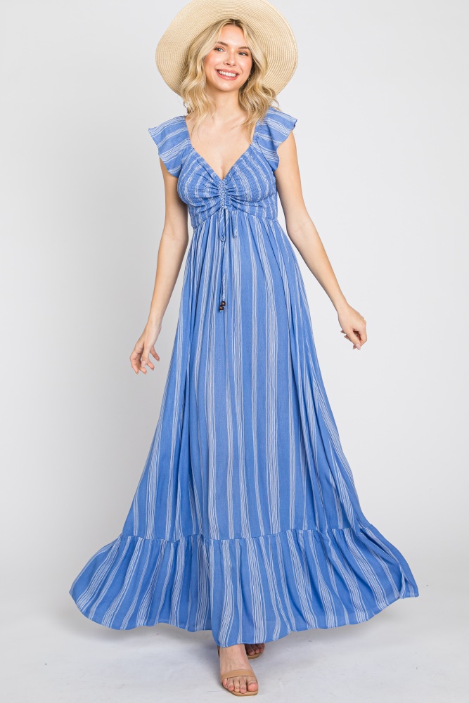 blue striped off shoulder front tie maxi dress