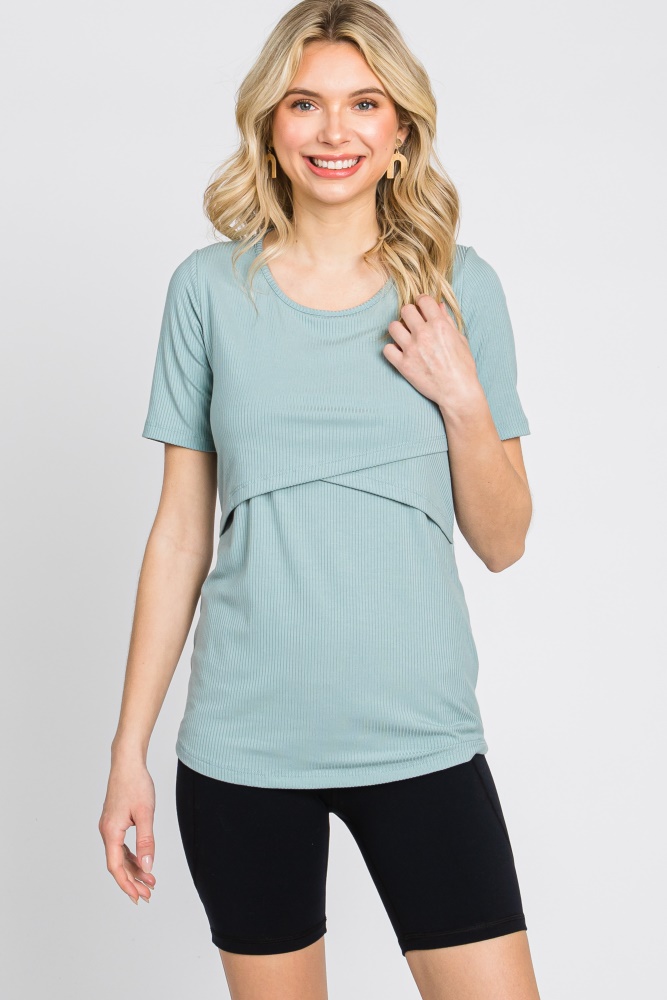 mint green ribbed wrap front nursing top
