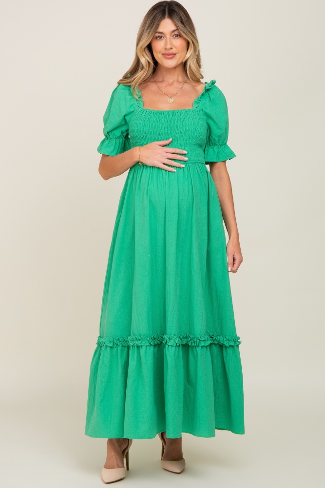 green puff sleeve ruffle accent maternity maxi dress