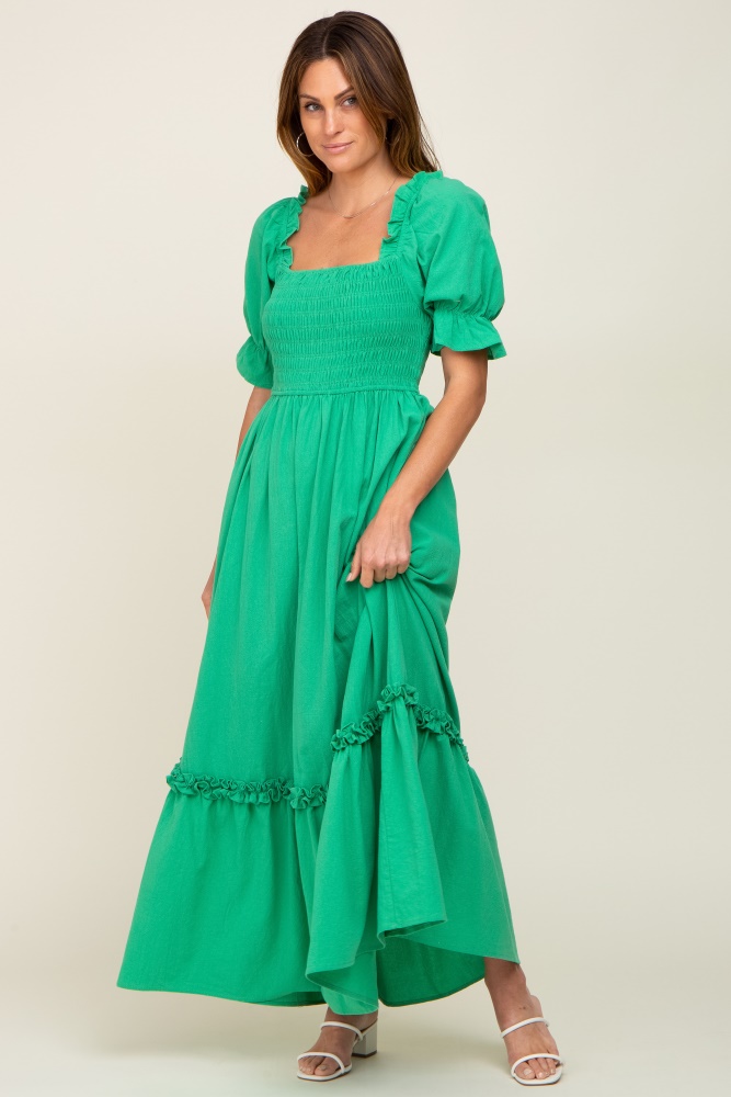 green puff sleeve ruffle accent maxi dress