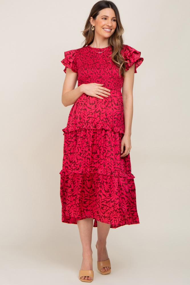 fuchsia print smocked ruffle tiered maternity midi dress