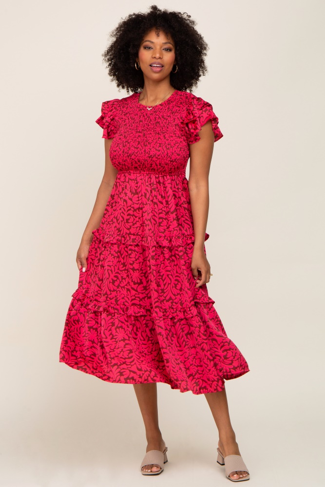 fuchsia print smocked ruffle tiered midi dress