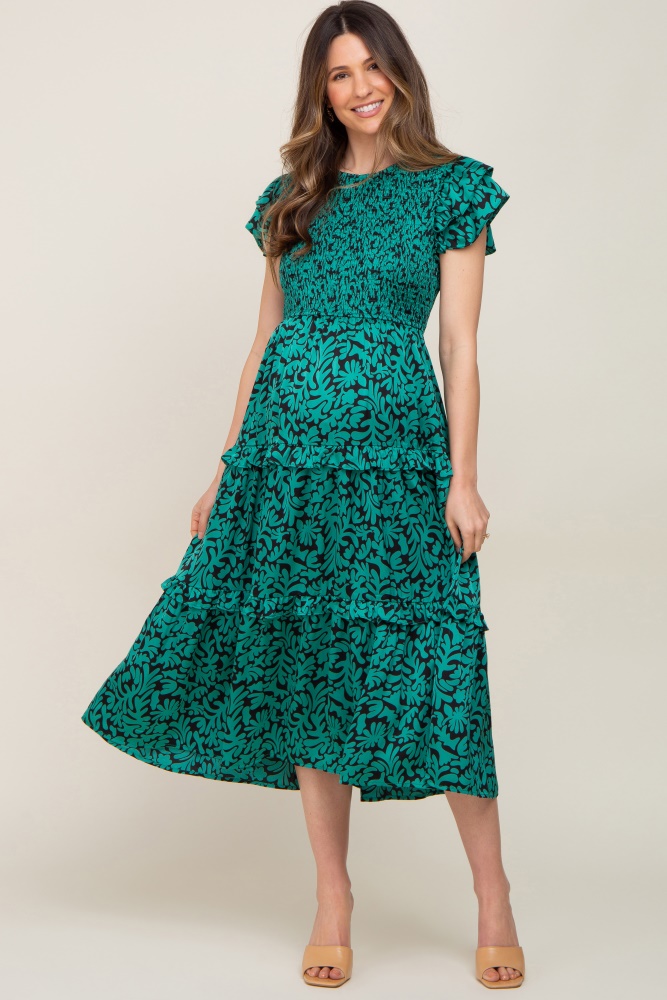 green print smocked ruffle tiered maternity midi dress