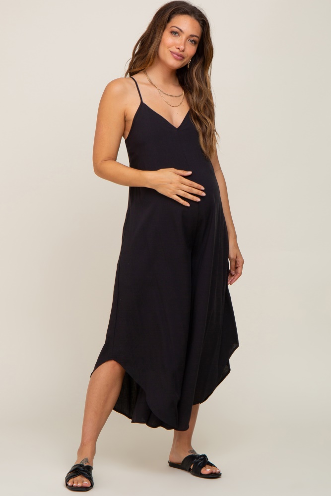 Black Sleeveless Asymmetrical Hem Maternity Jumpsuit