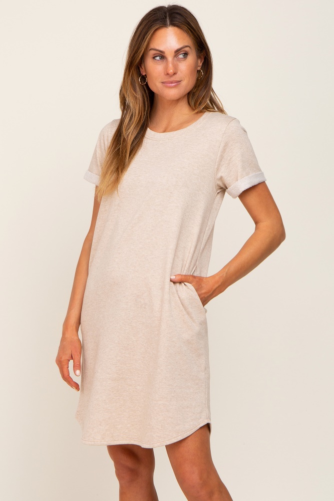 beige french terry cuffed short sleeve dress