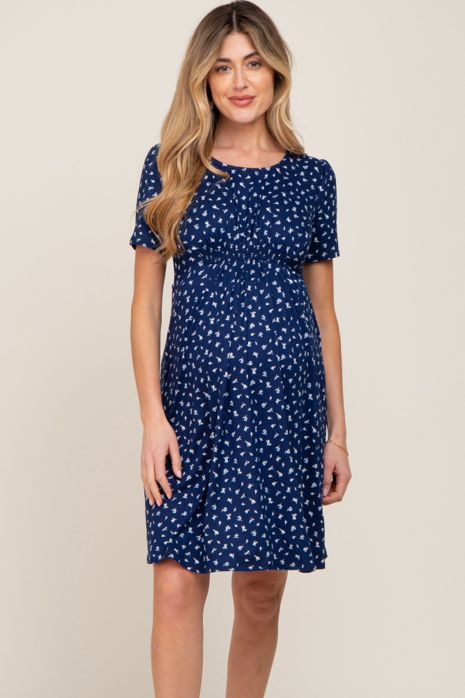 navy floral smocked short sleeve maternity dress