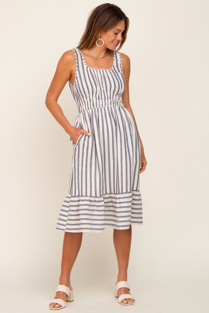 blue striped sleeveless ruffle hem midi dress