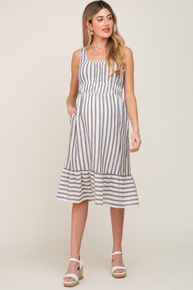 blue striped sleeveless ruffle hem maternity midi dress