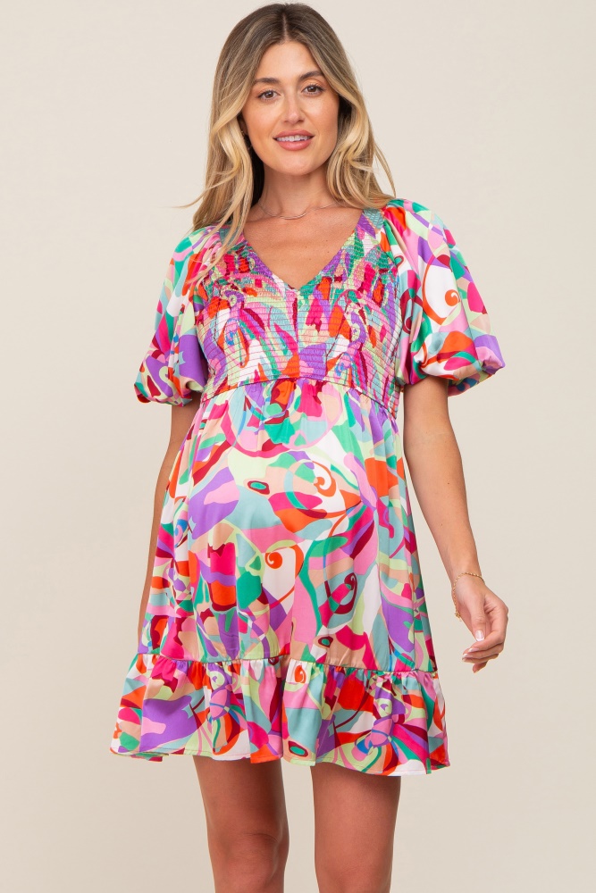 multi-color satin smocked v-neck maternity dress