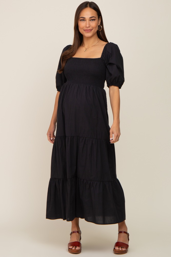 black square neck smocked tiered maternity maxi dress