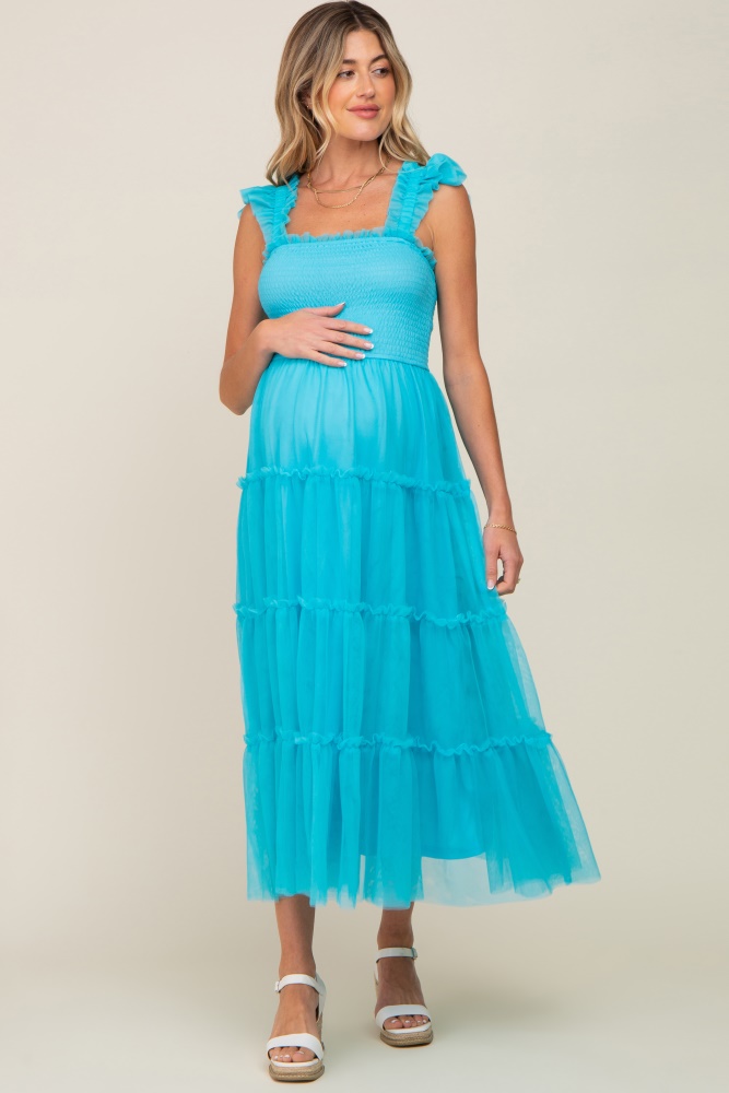 turquoise smocked mesh ruffle accent maternity midi dress