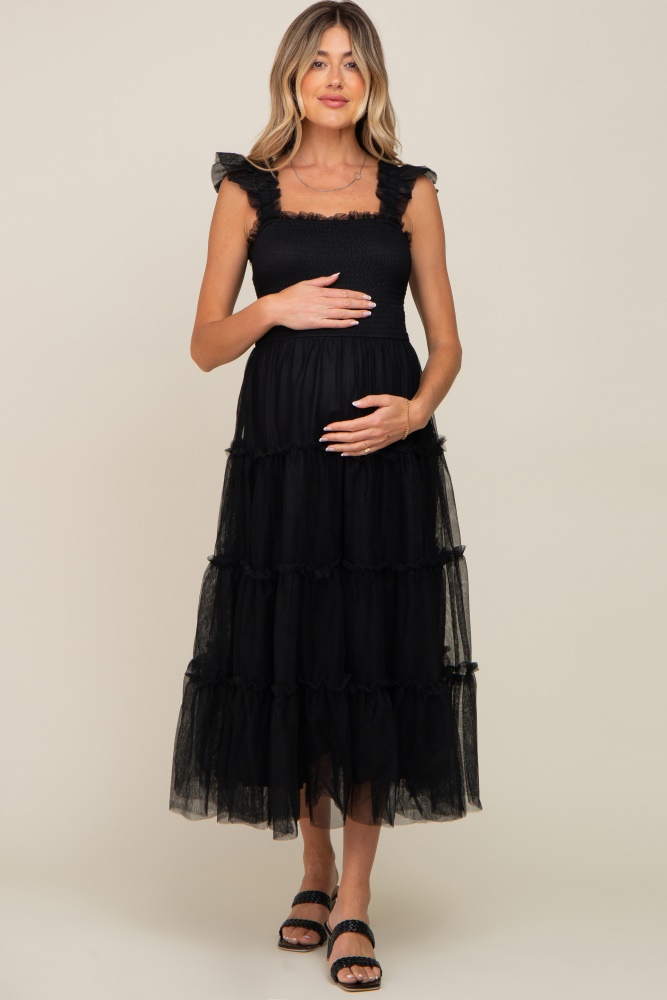 black smocked mesh ruffle accent maternity midi dress