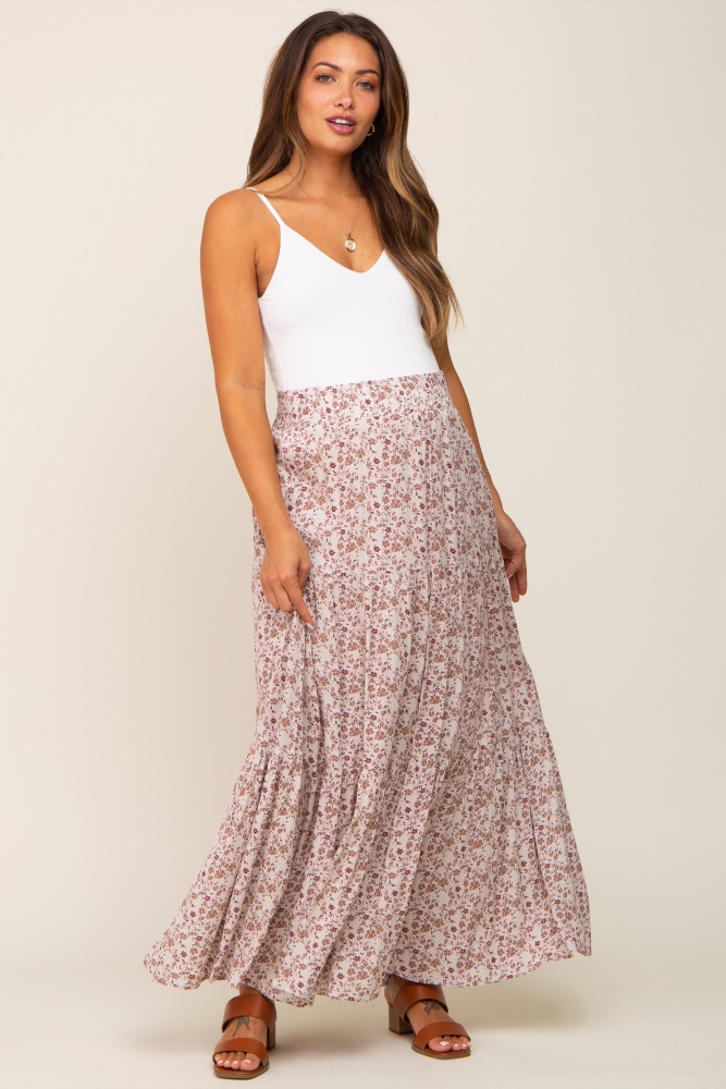 mauve floral tiered maternity maxi skirt