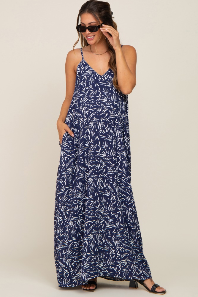 navy leaf print double v-neck maternity maxi dress