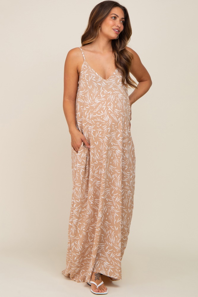 taupe leaf print double v-neck maternity maxi dress