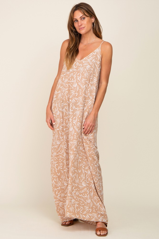 taupe leaf print double v-neck maxi dress