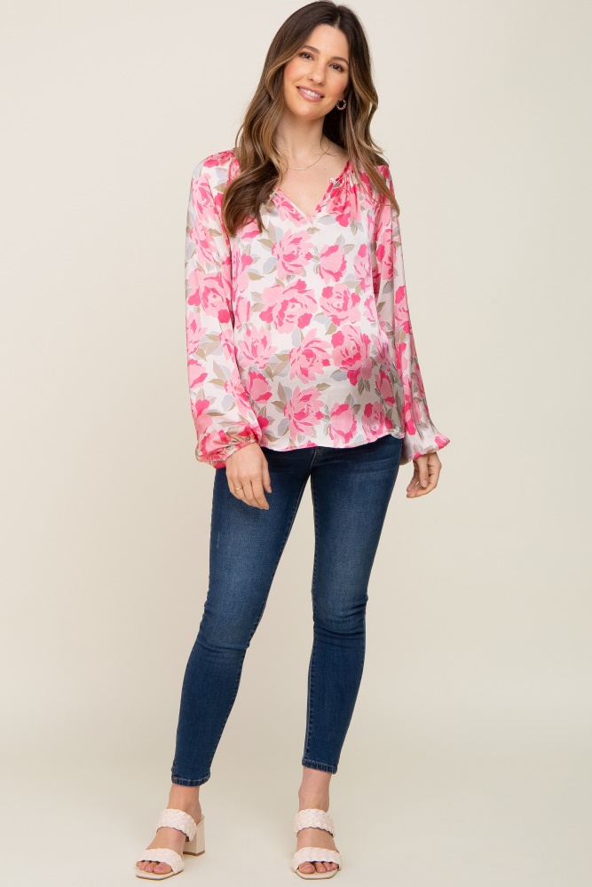 Beige Floral Satin Long Sleeve Maternity Top