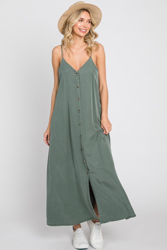 olive button down midi tank dress