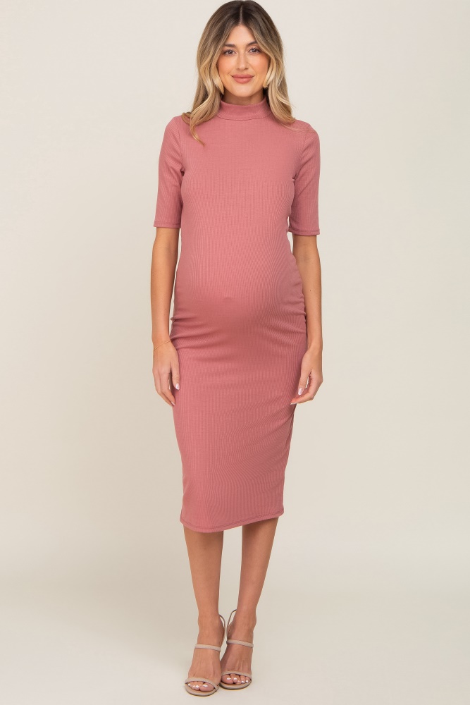 mauve ribbed mock neck maternity midi dress