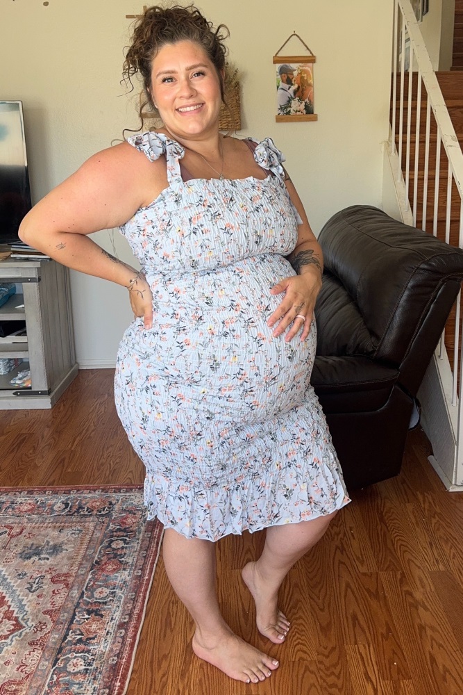 Light Blue Floral Smocked Fitted Maternity Dress  PinkBlush