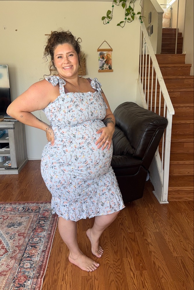 Light Blue Floral Smocked Fitted Maternity Dress  PinkBlush