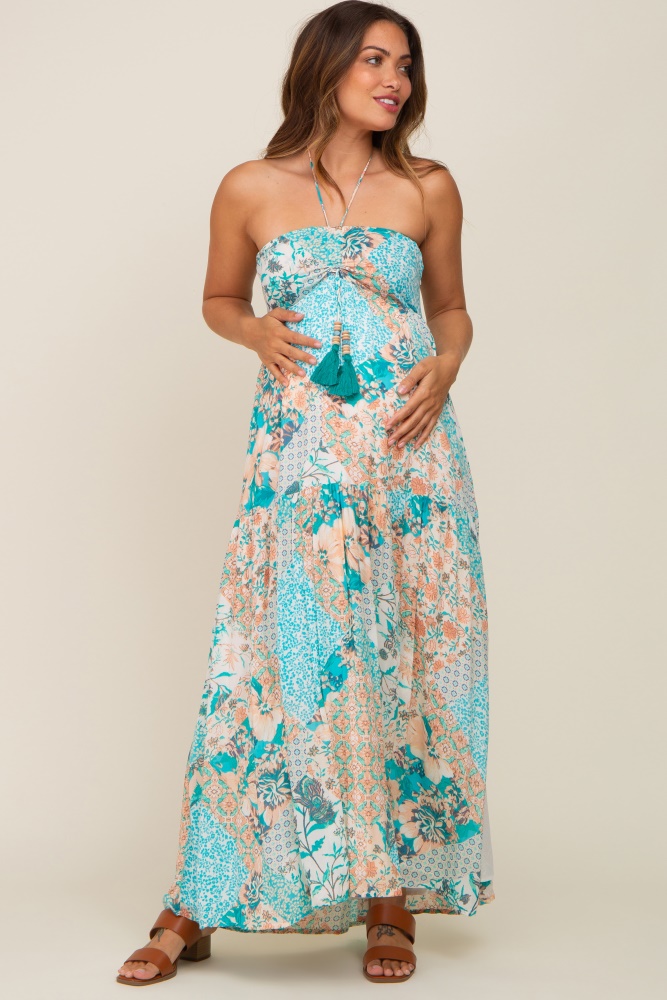 jade floral halter front tie maternity maxi dress