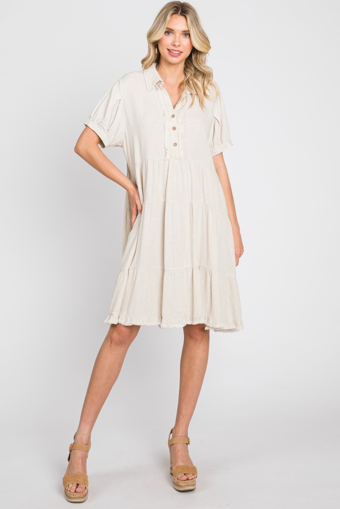 cream tiered collared linen dress