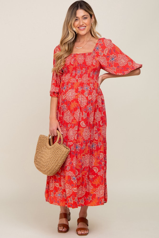 red floral smocked square neck tiered maternity midi dress