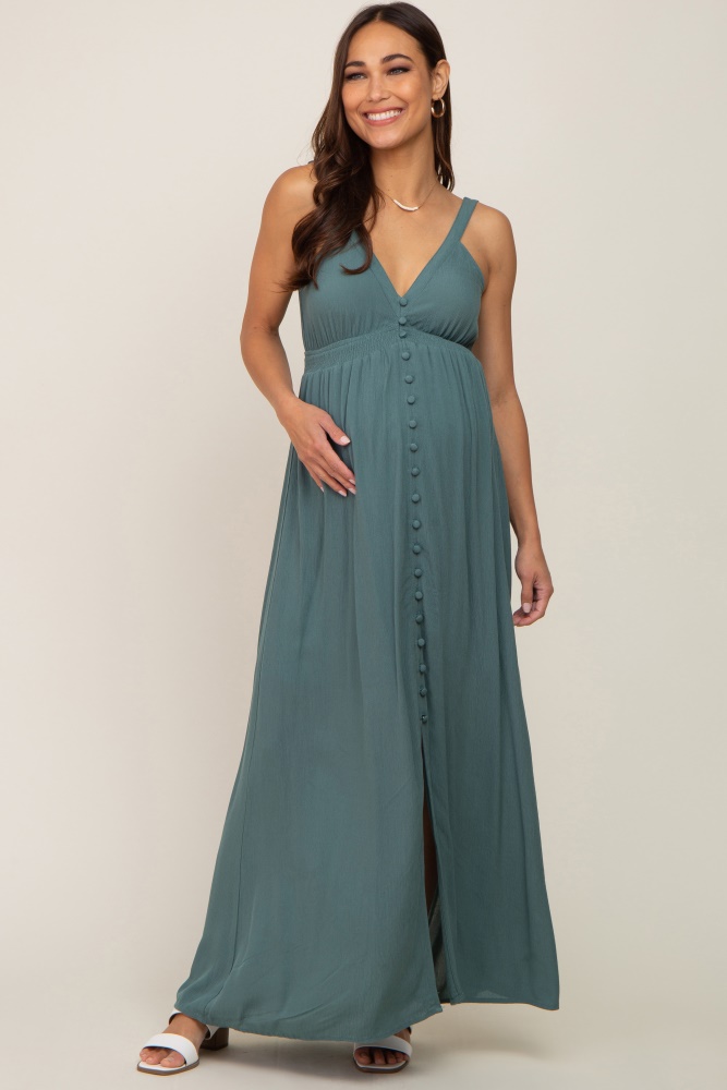 teal button front accent maternity maxi dress