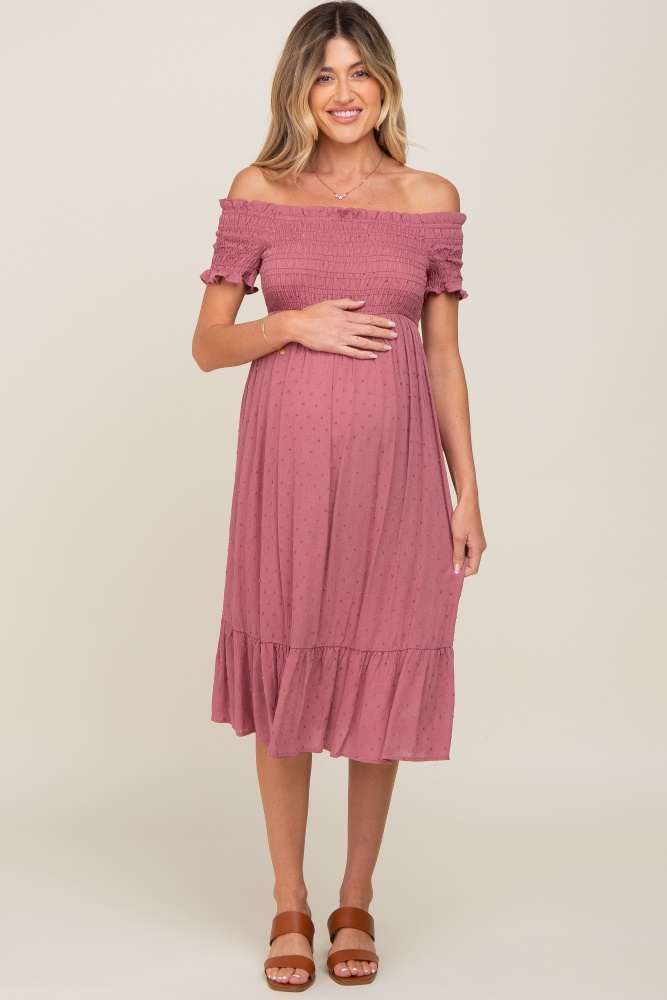 mauve off shoulder smocked maternity midi dress