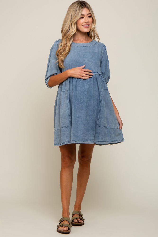 blue faded denim chambray maternity mini dress