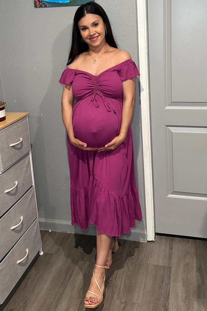 Magenta Smocked Ruched Ruffle Hem Maternity Maxi Dress