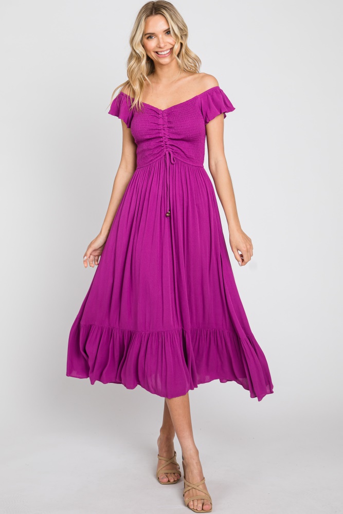 magenta smocked ruched ruffle hem maxi dress