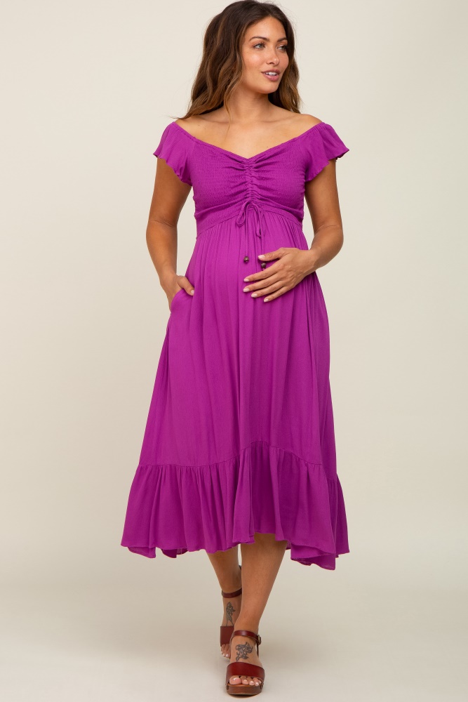 magenta smocked ruched ruffle hem maternity maxi dress