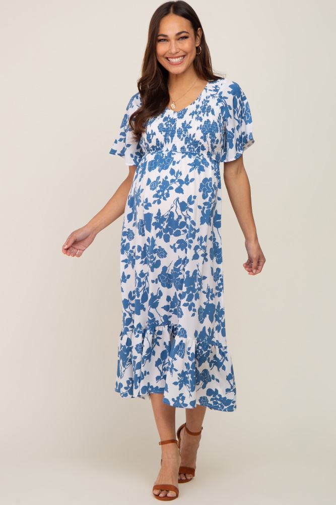 blue floral smocked maternity midi dress