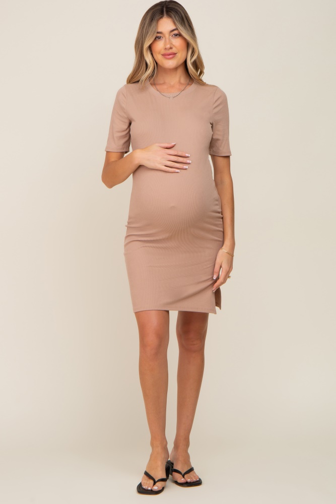 taupe ribbed basic short sleeve maternity dress