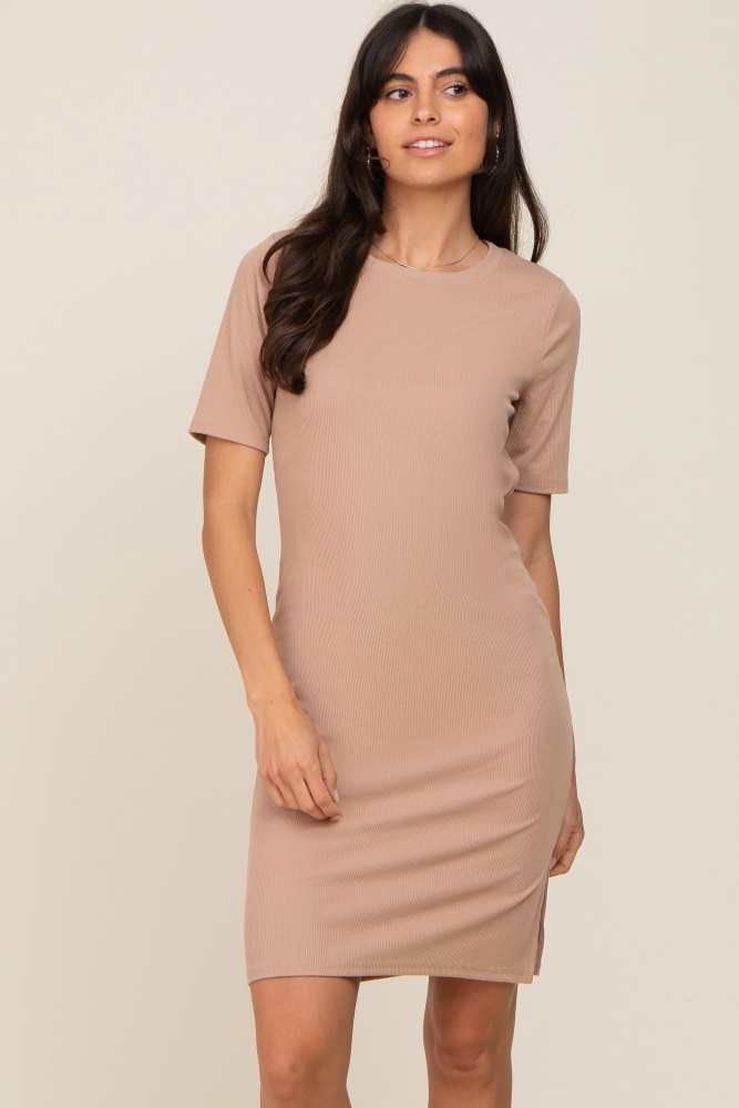 taupe ribbed basic short sleeve dress