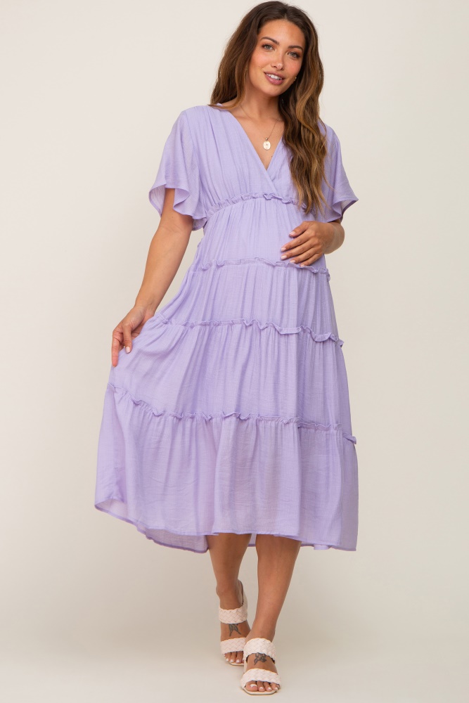 lavender ruffle tiered v-neck maternity midi dress