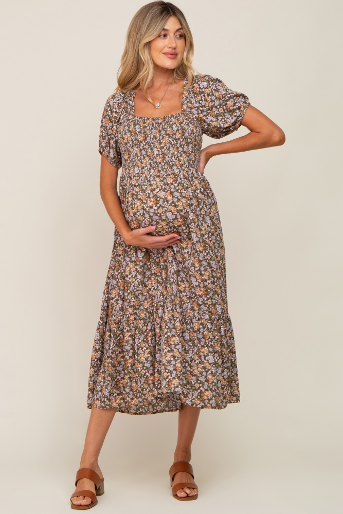 mocha floral smocked puff sleeve maternity midi dress